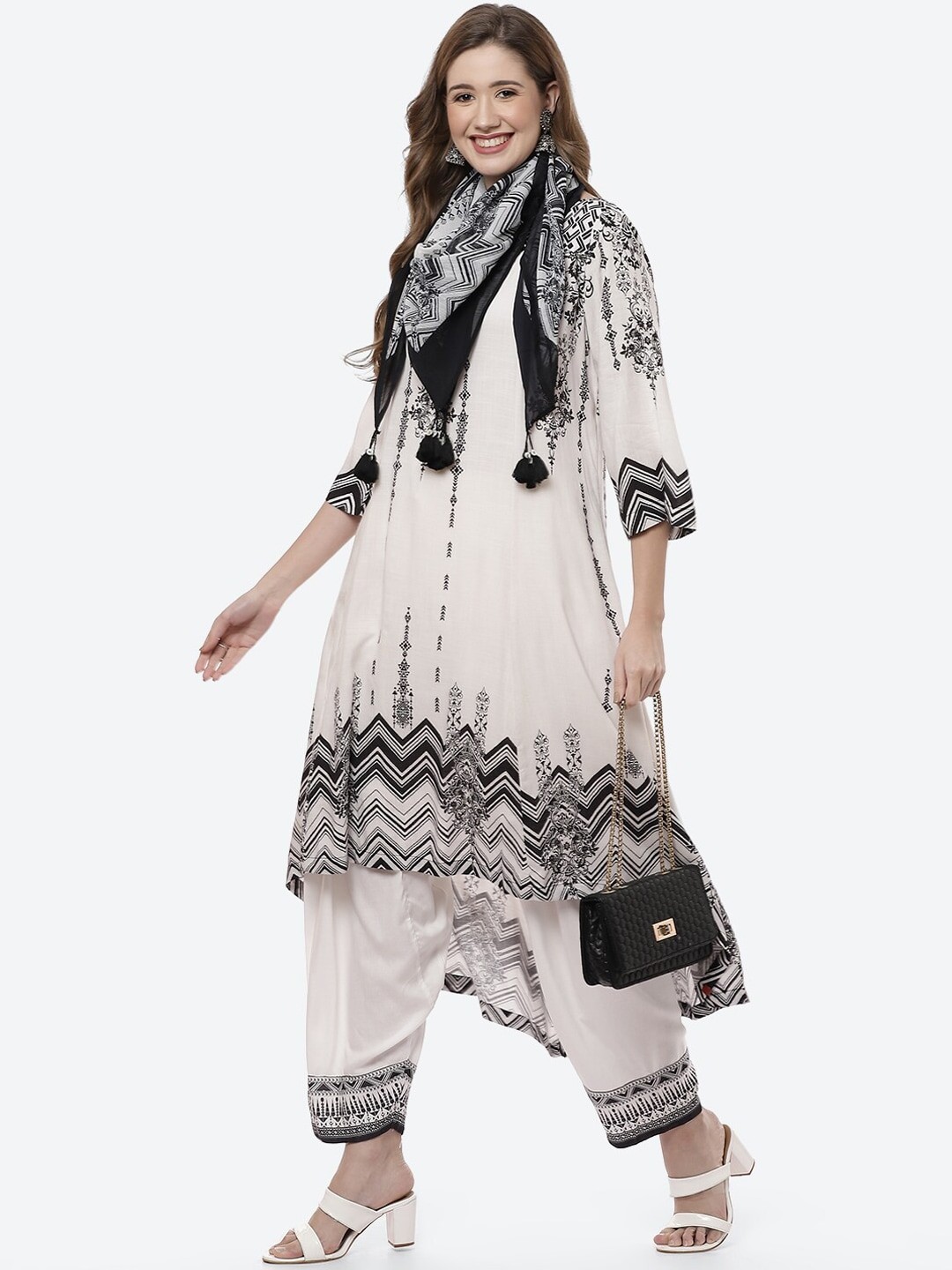 

Biba Women White & Black Ethnic Motifs Printed Kurta with Patiala & Dupatta