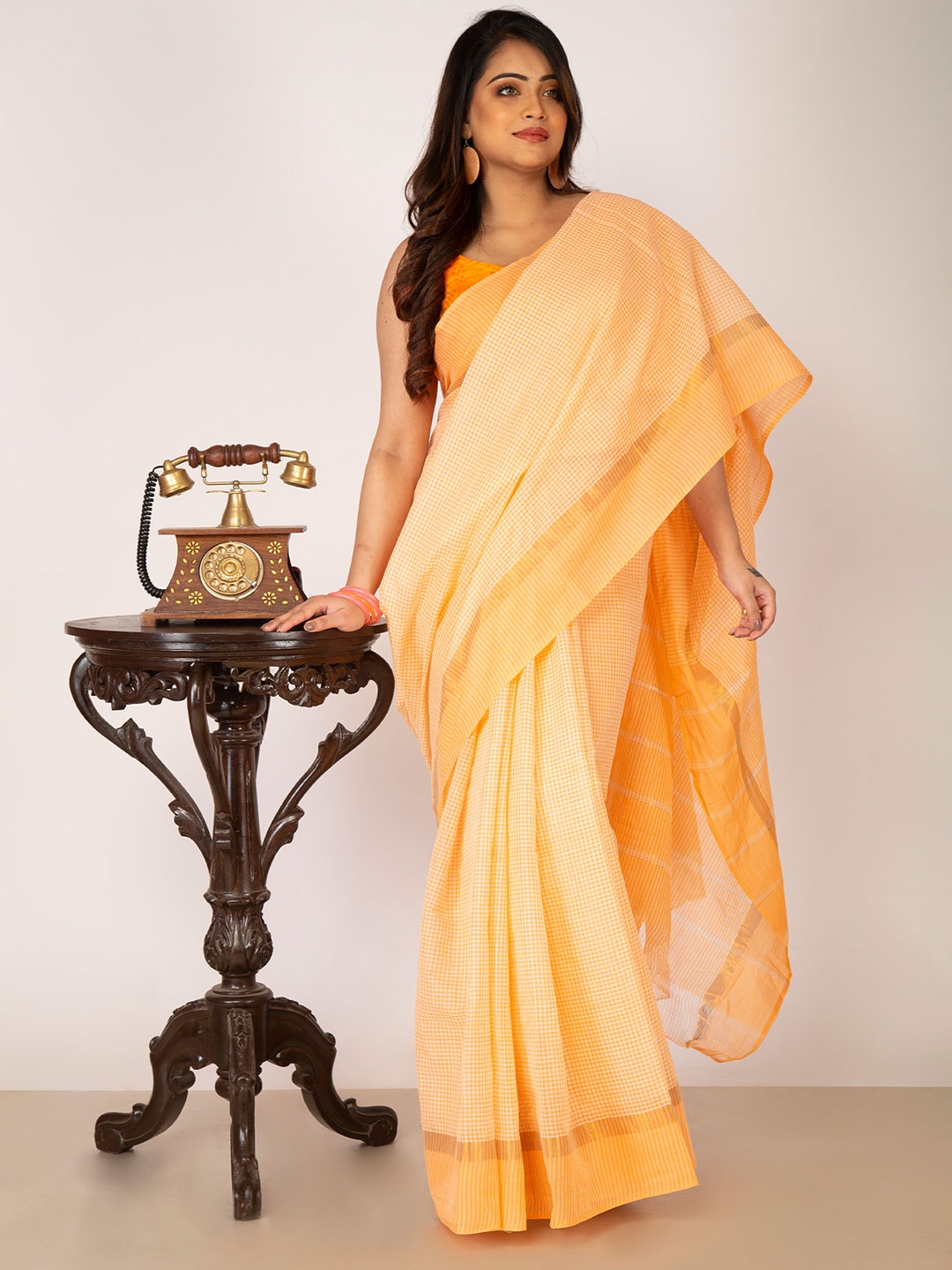 

Unnati Silks Peach-Coloured Checked Pure Cotton Handloom Sustainable Mangalagiri Saree
