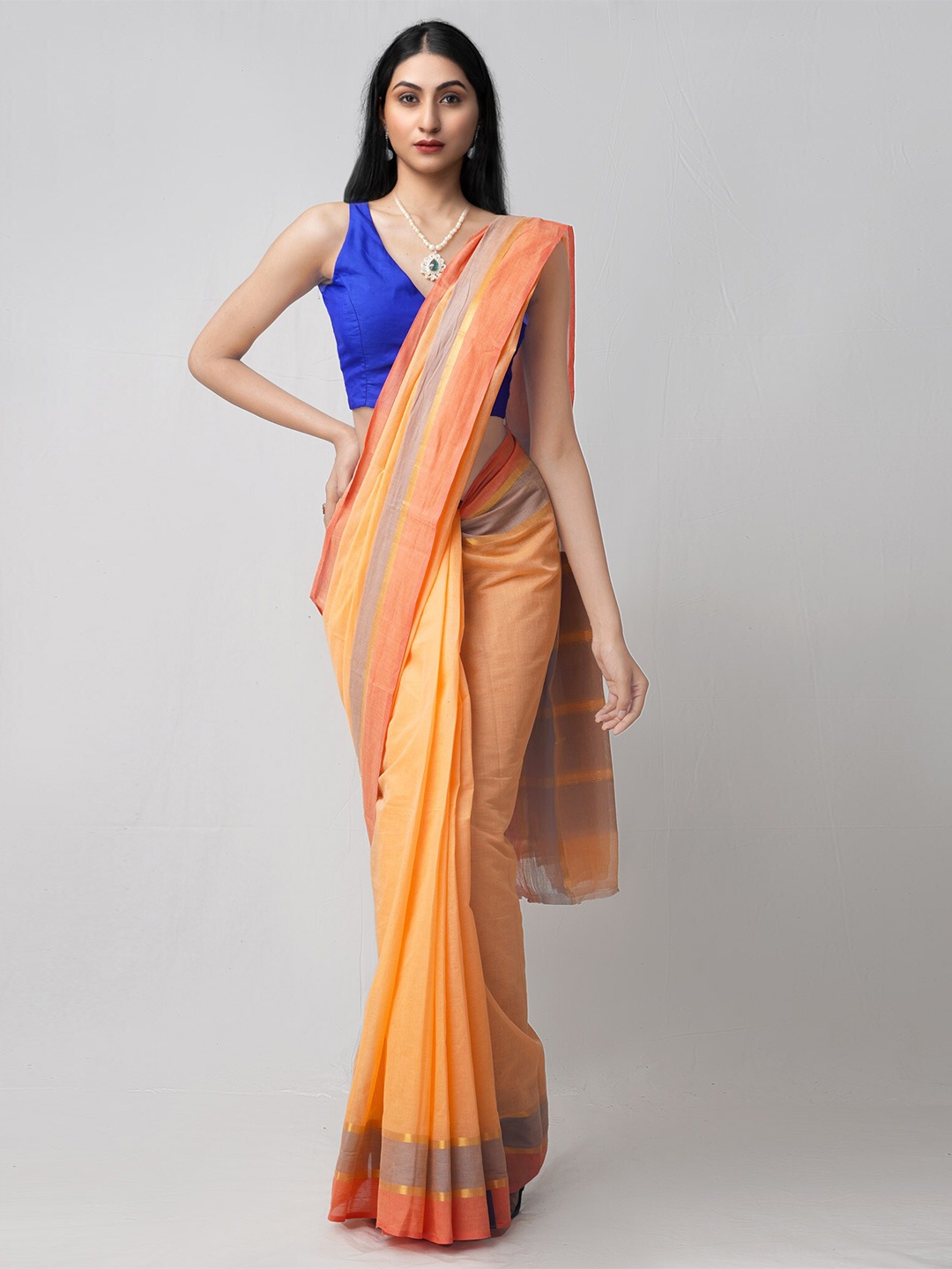 

Unnati Silks Orange & Peach-Coloured Pure Cotton Handloom Sustainable Mangalagiri Saree