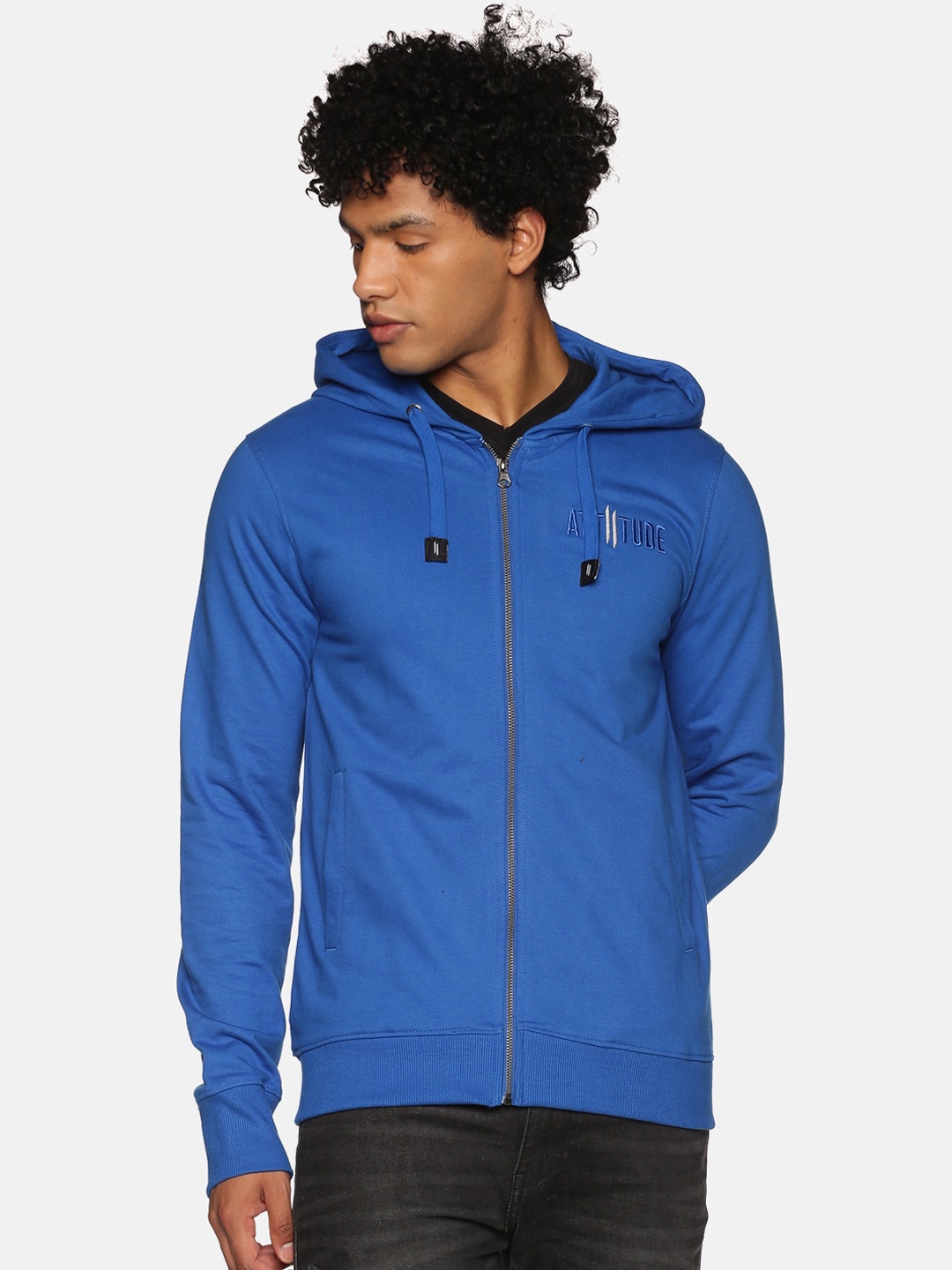 

ATTIITUDE Men Blue Solid Pure Cotton Hooded Sweatshirt