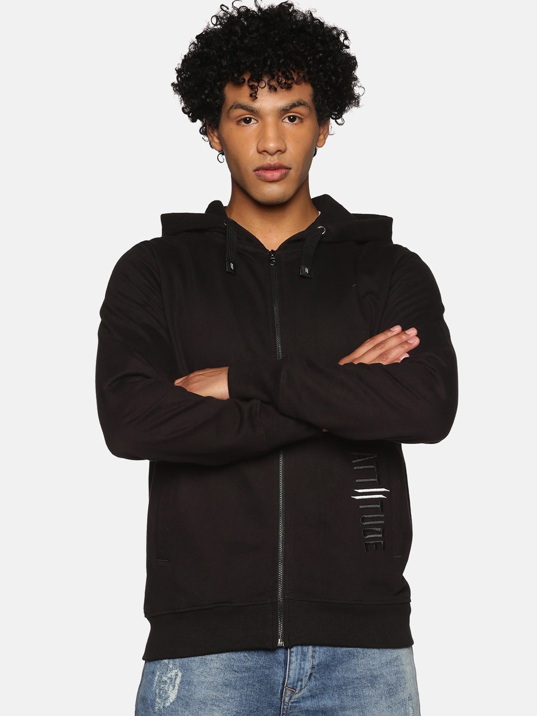 

ATTIITUDE Men Black Pure Cotton Hooded Bomber Jacket