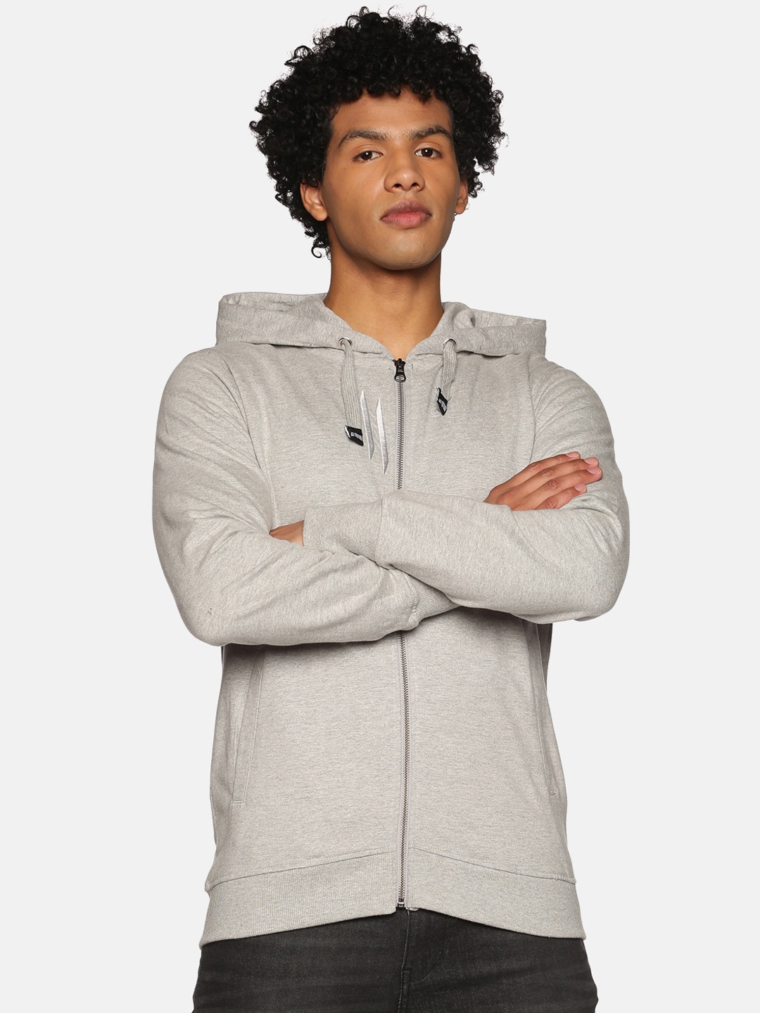 

ATTIITUDE Men Grey Solid Pure Cotton Hooded Sweatshirt