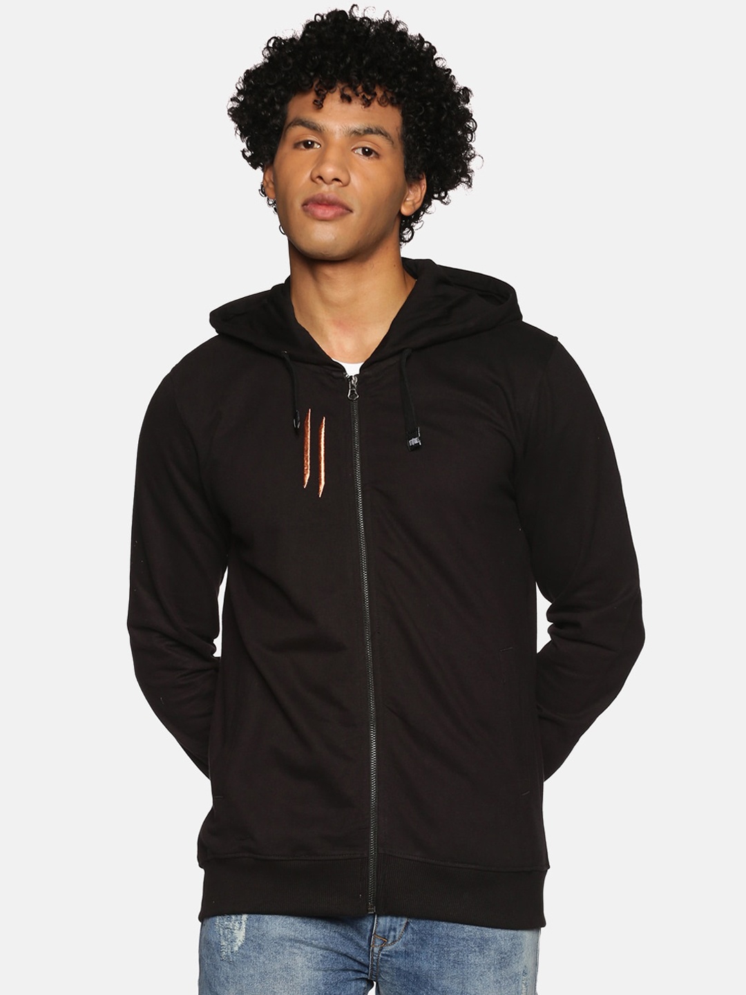 

ATTIITUDE Men Black Hooded Pure Cotton Bomber Jacket