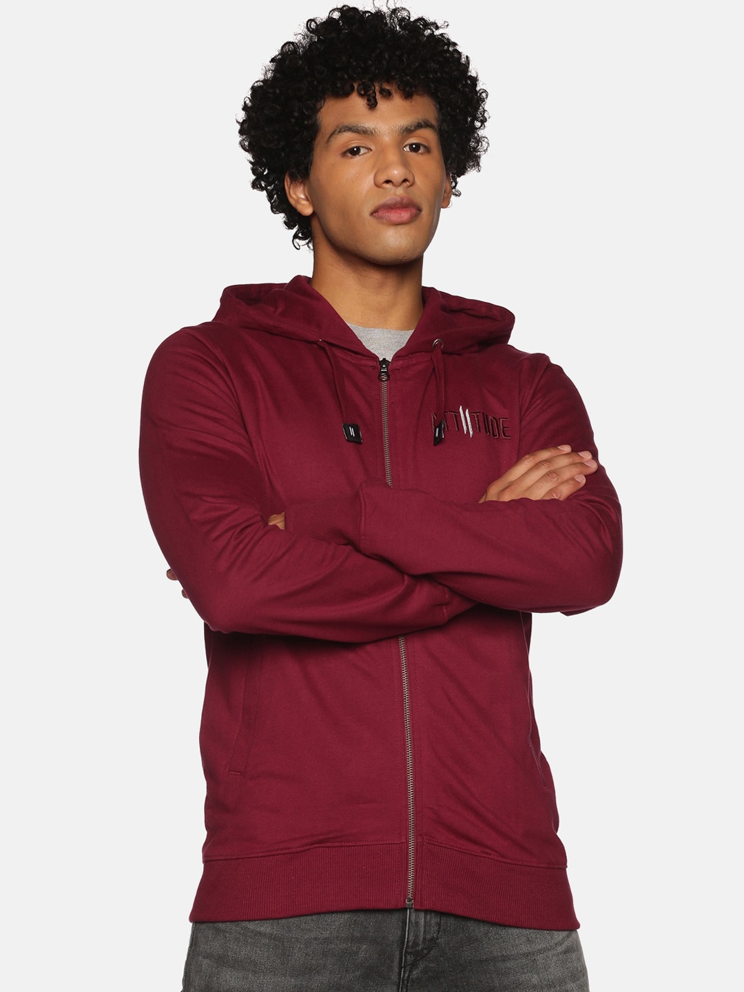 

ATTIITUDE Men Burgundy Solid Pure Cotton Hooded Sweatshirt