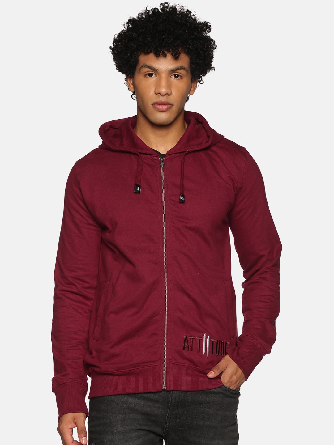 

ATTIITUDE Men Purple Hooded Pure Cotton Bomber Jacket