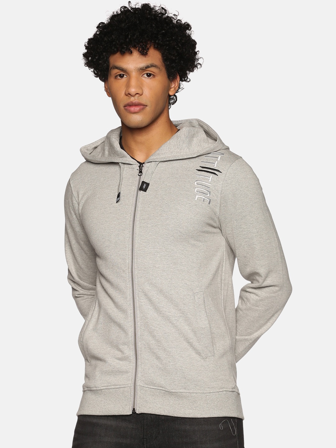

ATTIITUDE Men Grey Solid Pure Cotton Hooded Sweatshirt