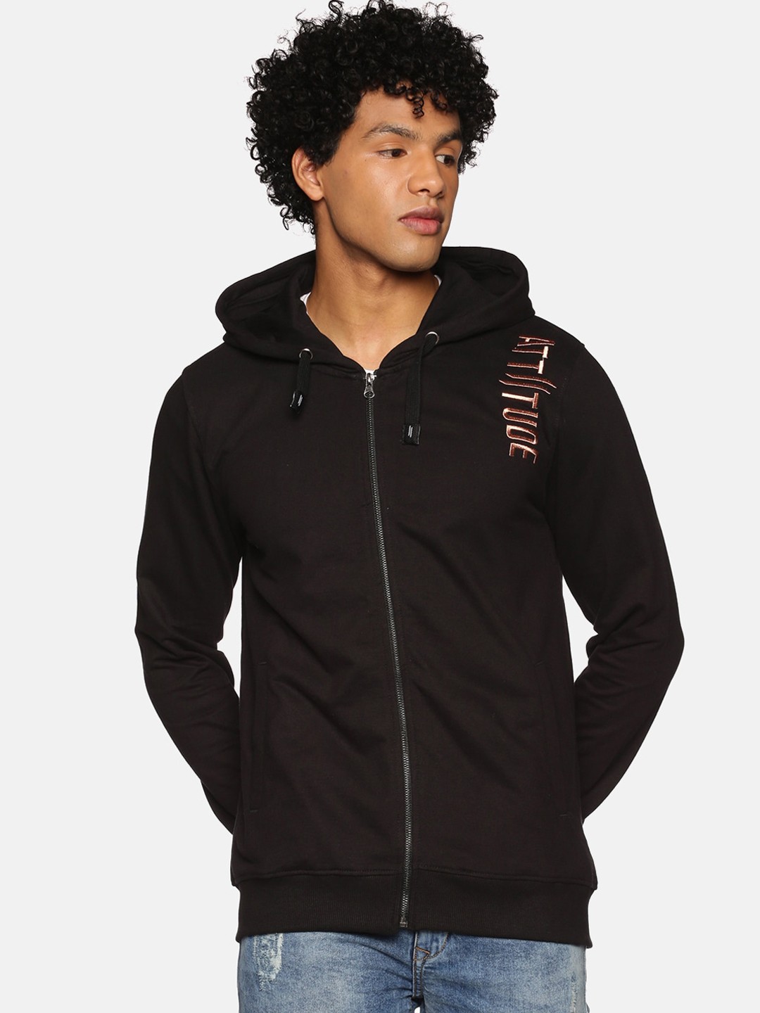

ATTIITUDE Men Black Hooded Pure Cotton Bomber Jacket