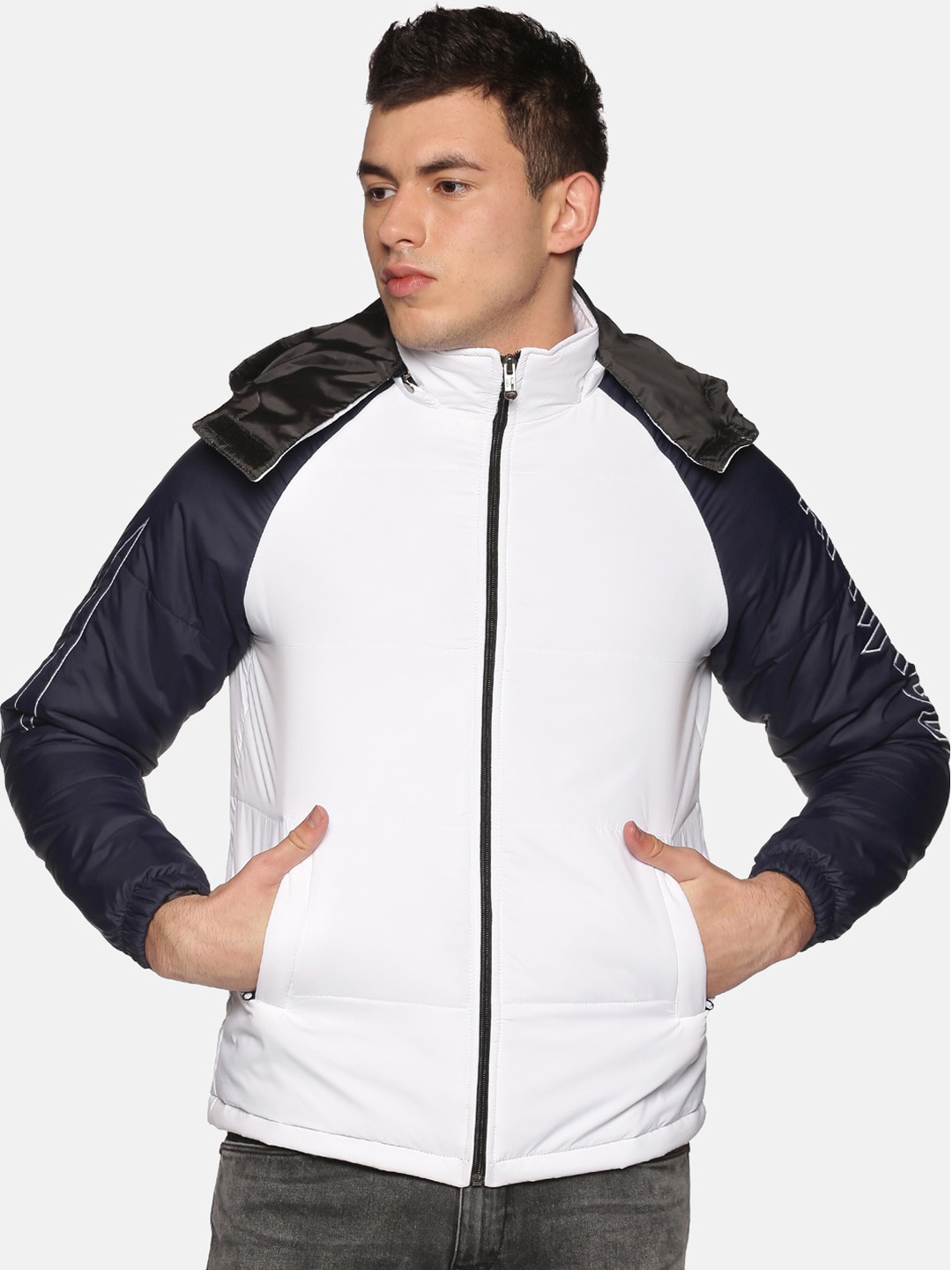 

ATTIITUDE Men White Navy Blue Colourblocked Windcheater Padded Jacket