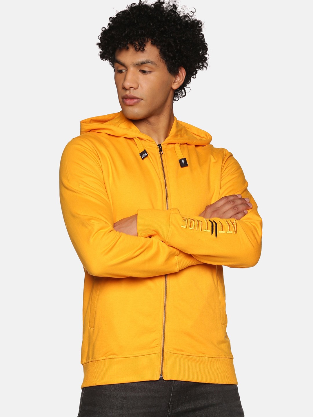 

ATTIITUDE Men Yellow Pure Cotton Solid Hooded Sweatshirt