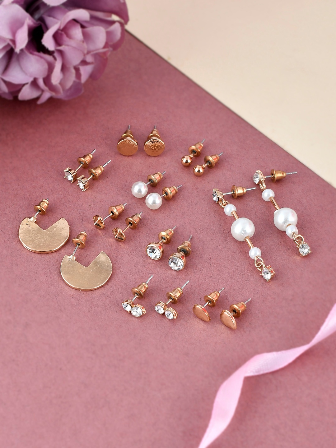 

Shoshaa Gold-Toned Set Of 10 Pearls & Stones Studded Contemporary Drop & Studs Earrings