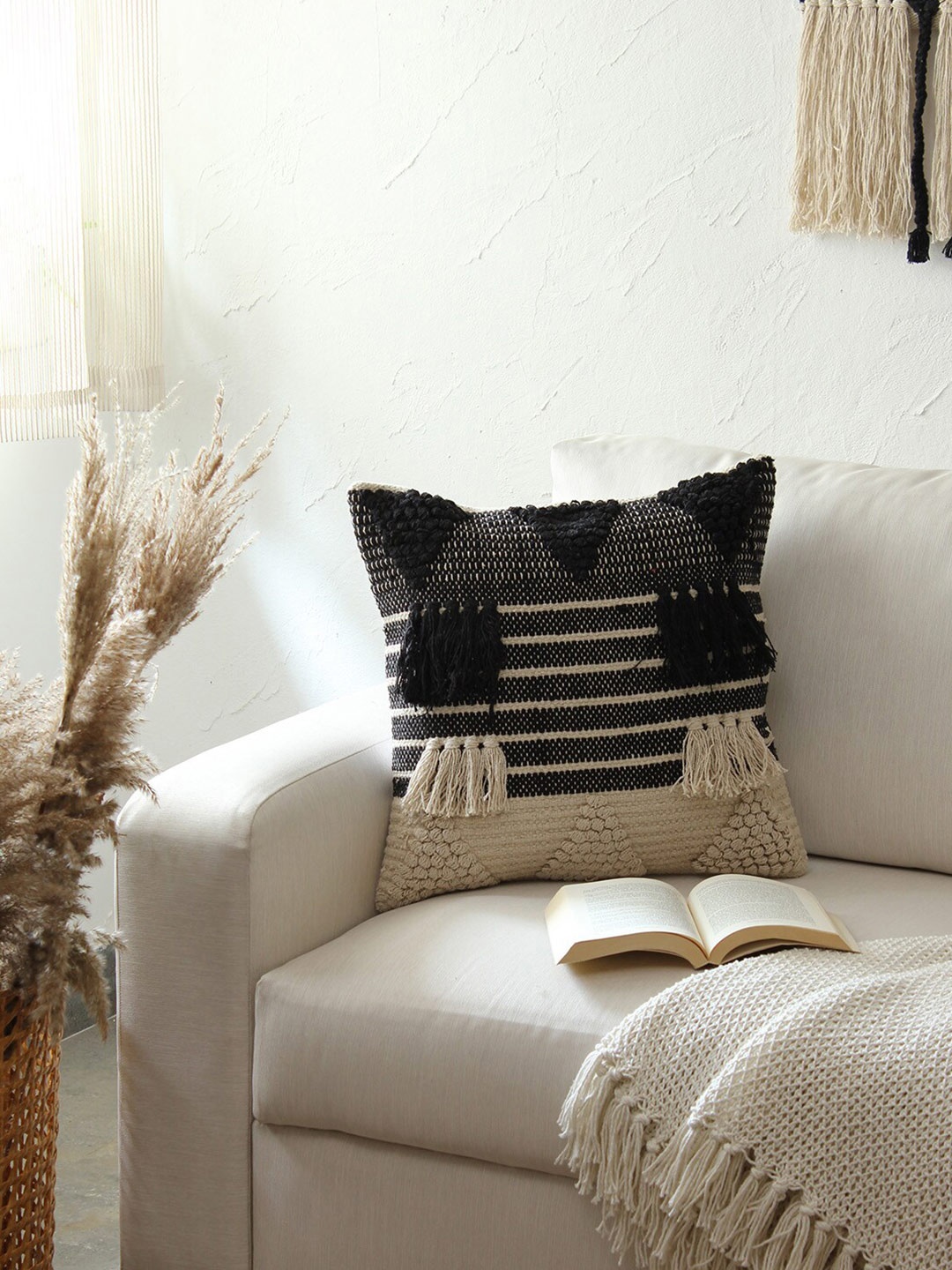 

House This Kunbi Black & Beige Self Design Tasselled Square Cushion Covers