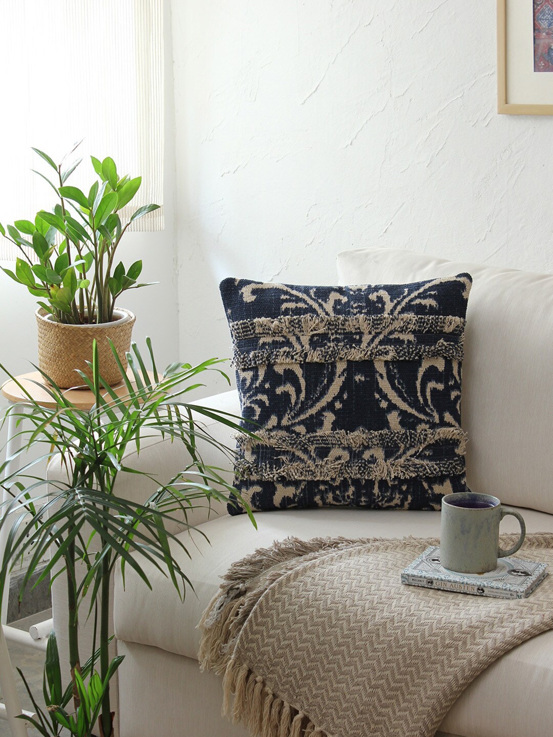 

House This Blue & Off White Single Self Design 16"X16" Square Cushion Covers