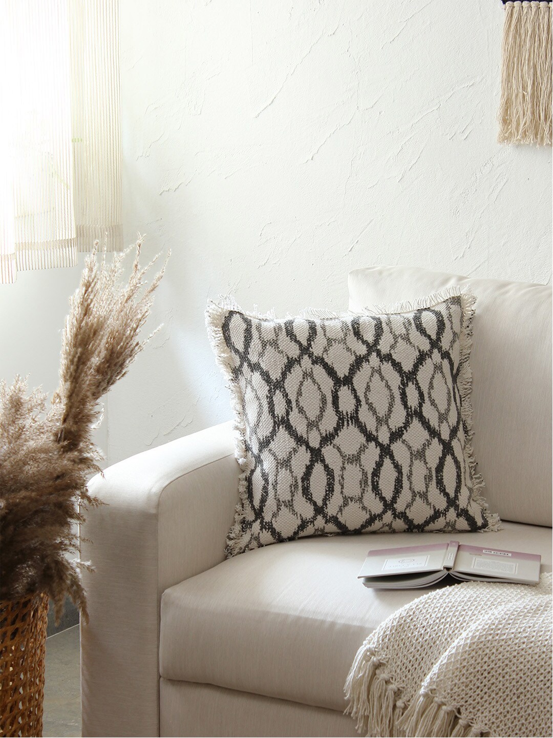 

House This Grey & White Self Design Square Cotton Cushion Cover