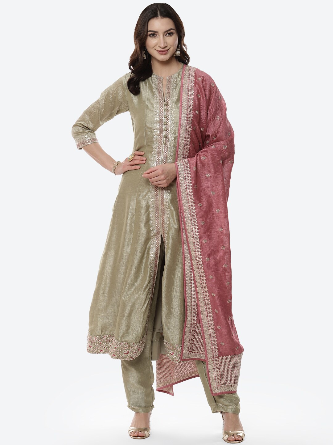 

Meena Bazaar Women Green Embroidered Kurta & Trousers with Dupatta