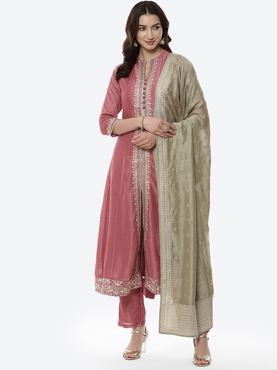 

Meena Bazaar Women Pink Embroidered Kurta & Trousers with Dupatta