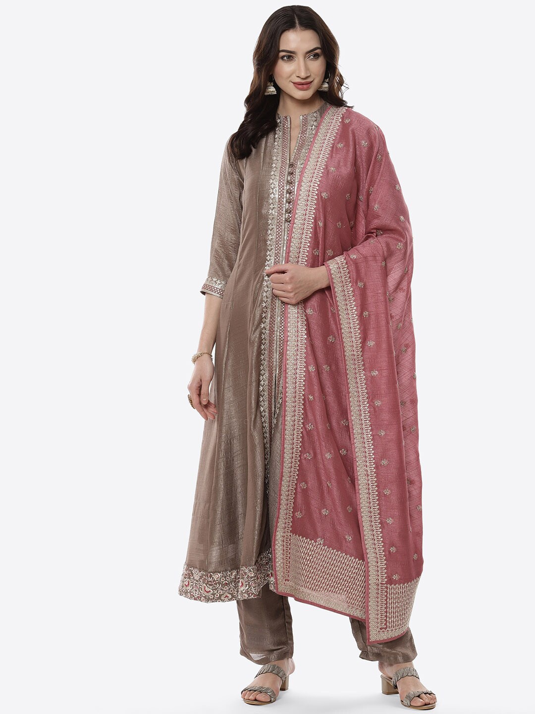 

Meena Bazaar Women Grey Embroidered Kurta & Trousers with Dupatta