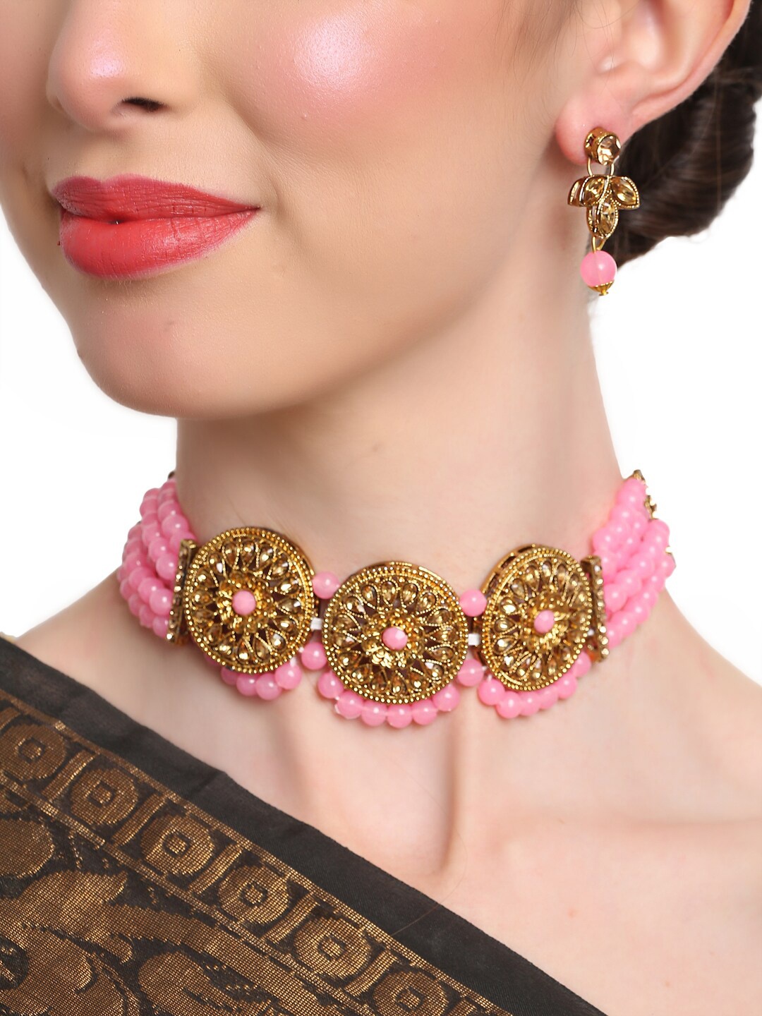 

Shining Diva Gold-Plated Pink Kundan-Studded Beaded Jewellery Set