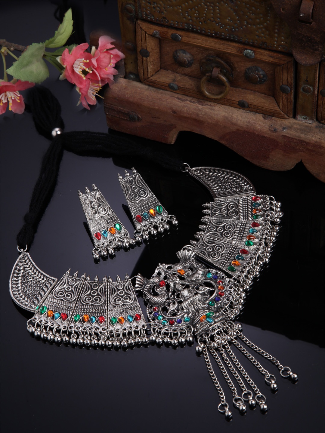 

Shining Diva Oxidised Silver-Plated Multi-Coloured Stone-Studded Jewellery Set