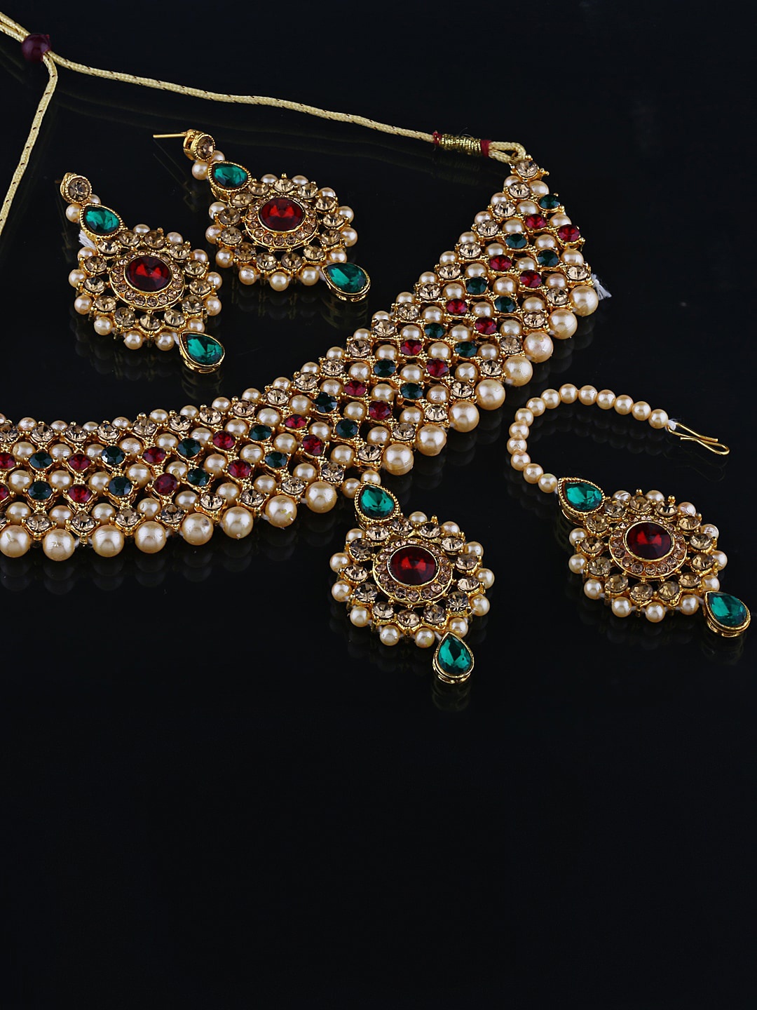 

Shining Diva Gold-Plated Stone-Studded & Pearl Beaded Jewellery Set