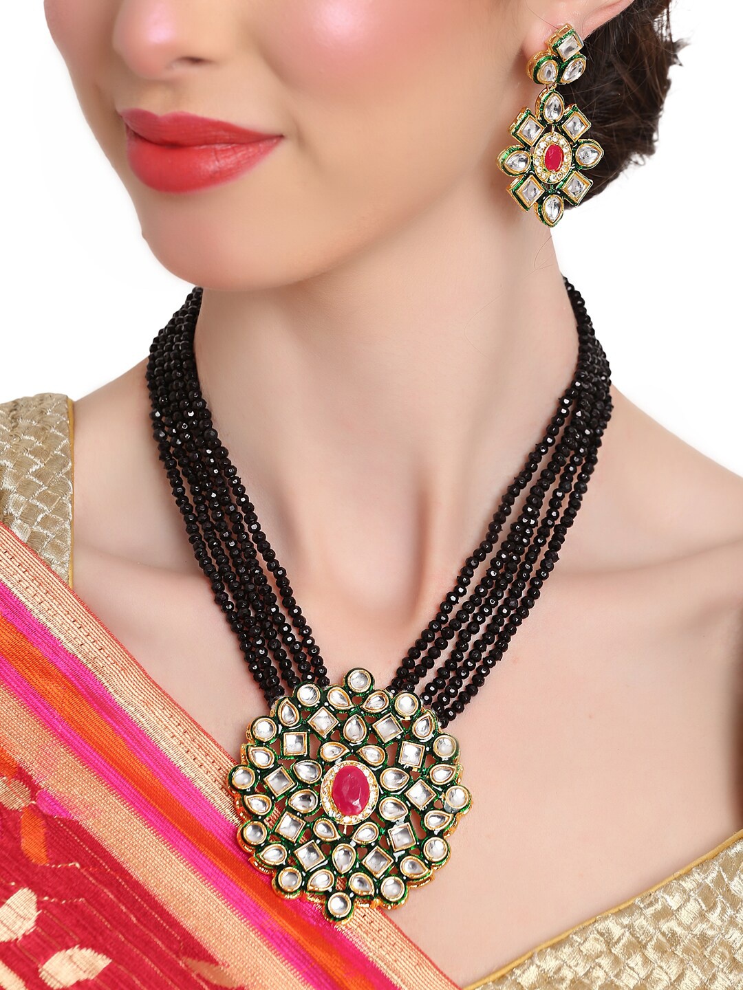 

Shining Diva Gold-Plated Black & White Kundan-Studded & Beaded Jewellery Set