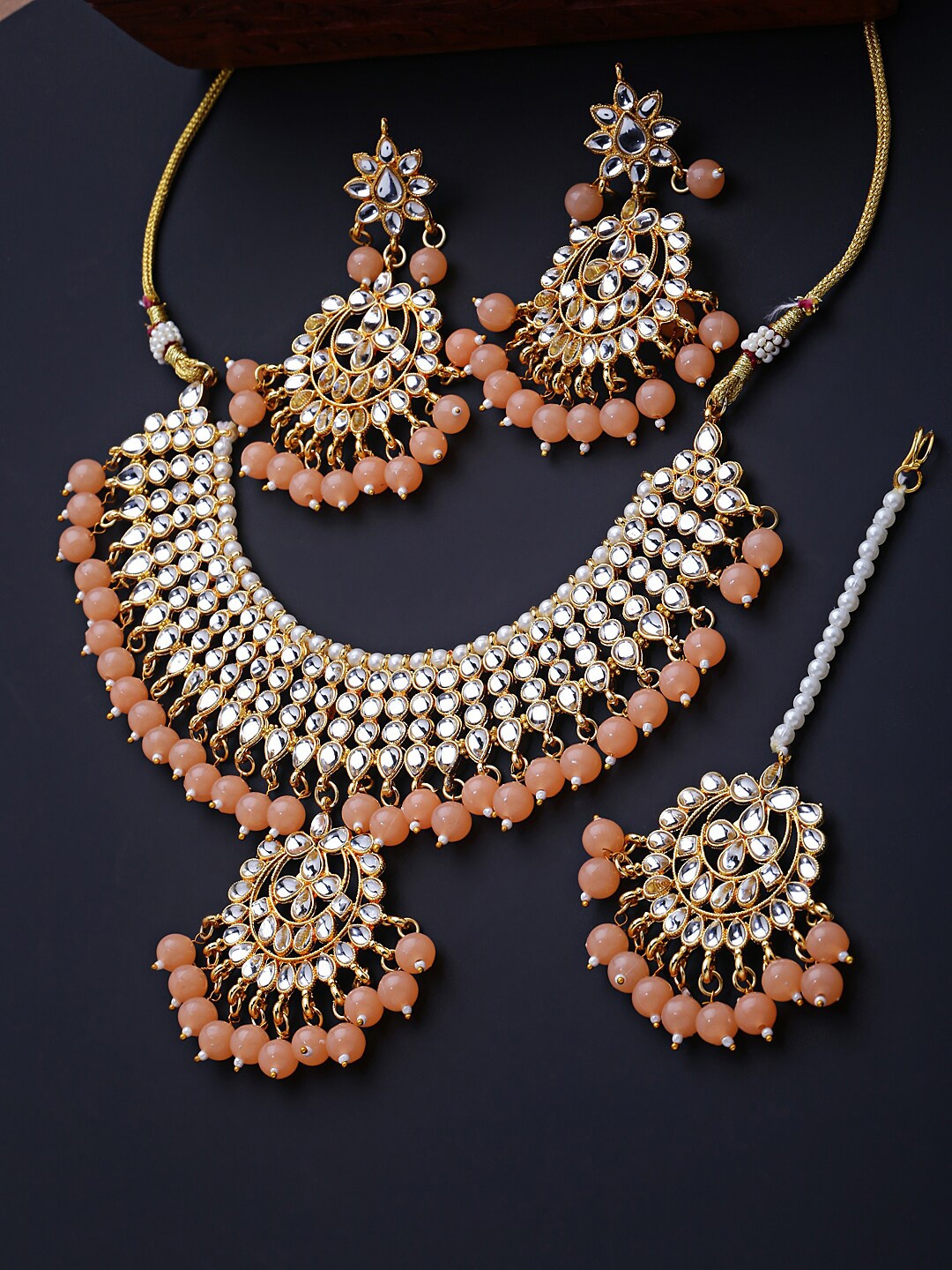 

Shining Diva Women Orange Traditional Kundan Gold Plated Jewellery Set