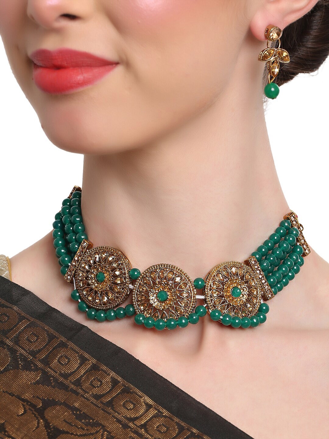 

Shining Diva Gold-Plated Green Stone & Beaded Jewellery Set