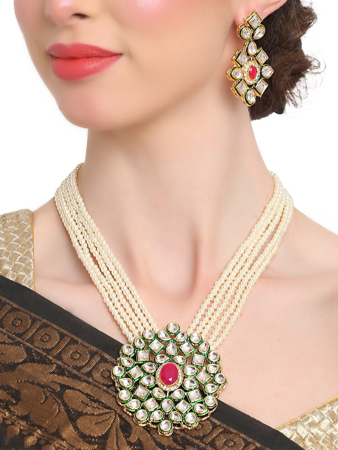 

Shining Diva Gold-Plated White Kundan Studded Beaded Jewellery Set