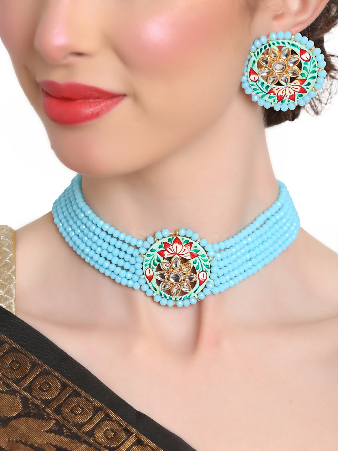 

Shining Diva Gold-Plated Blue & White Stone Studded & Beaded Jewellery Set