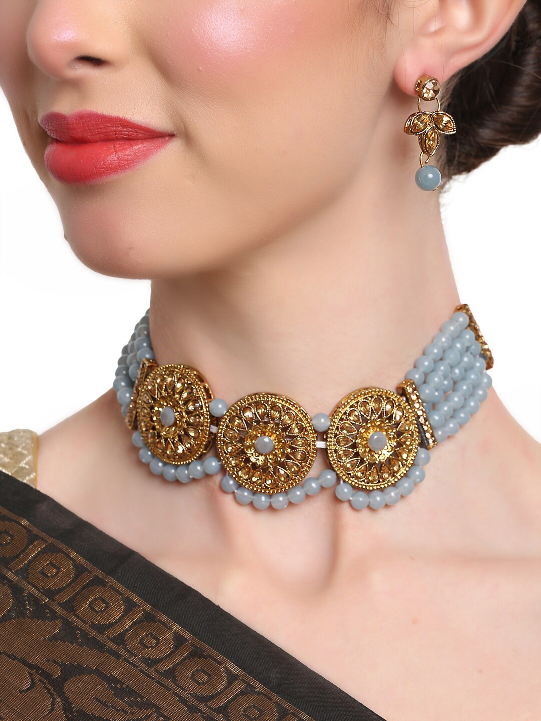 

Shining Diva Gold-Plated Grey & Gold Kundan-Studded Beaded Jewellery Set