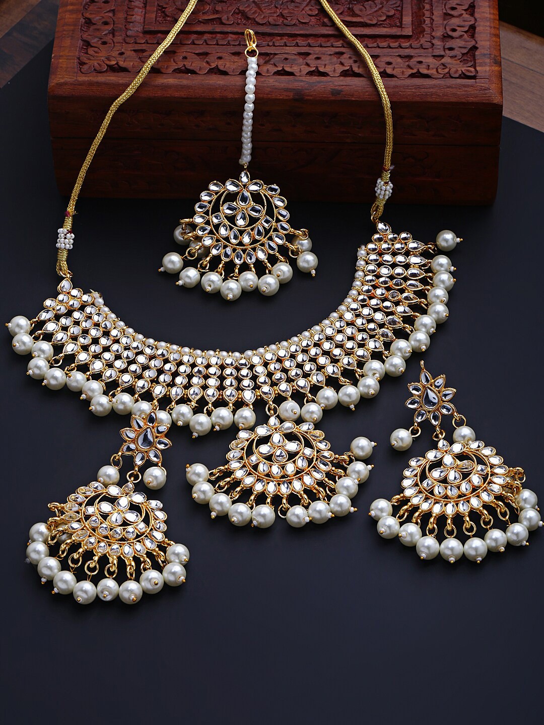 

Shining Diva Gold-Plated & White Kundan-Studded & Beaded Jewellery Set