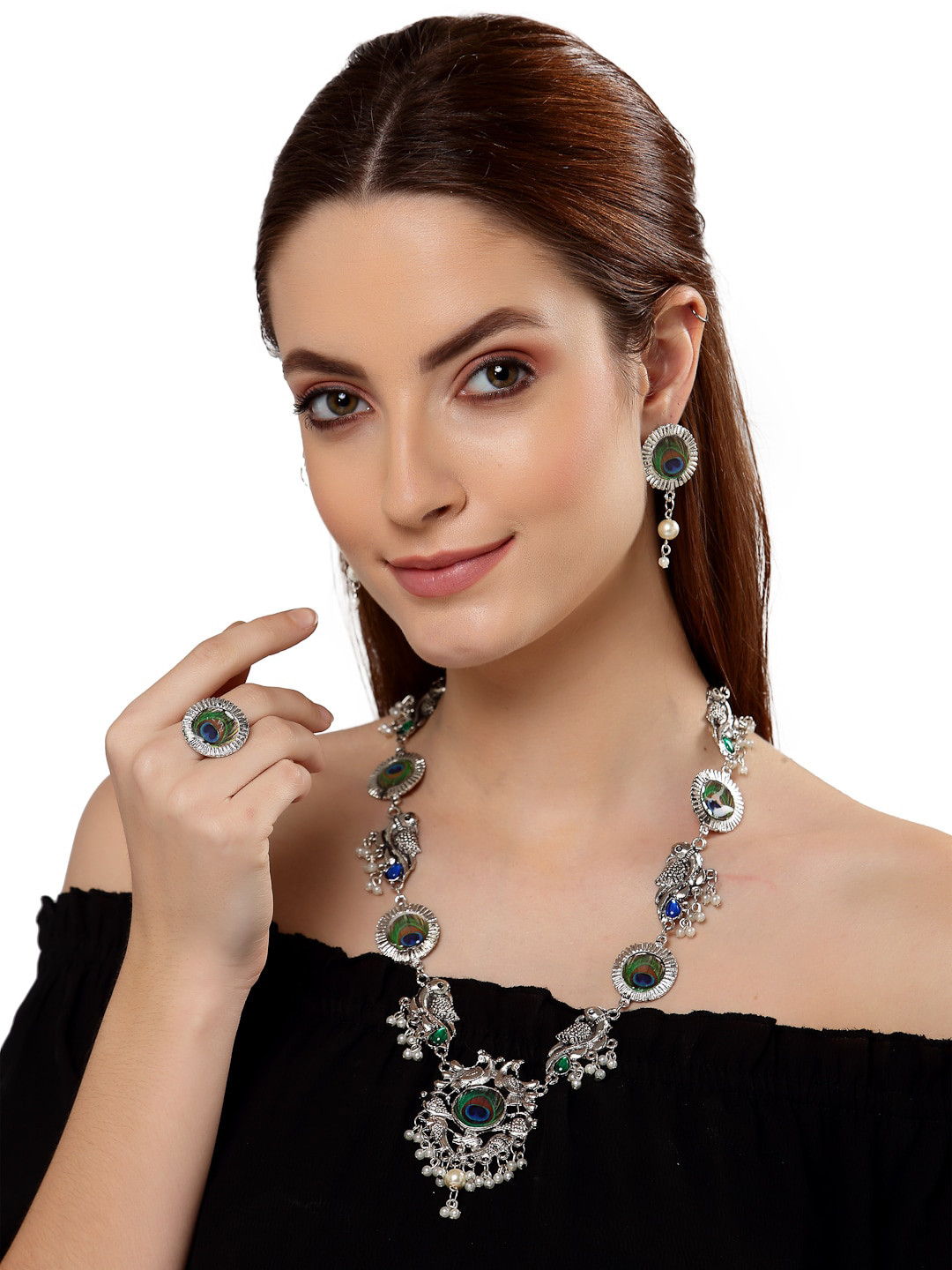 

Shining Diva Silver-Plated White & Green Oxidised Peacock Jewellery Set