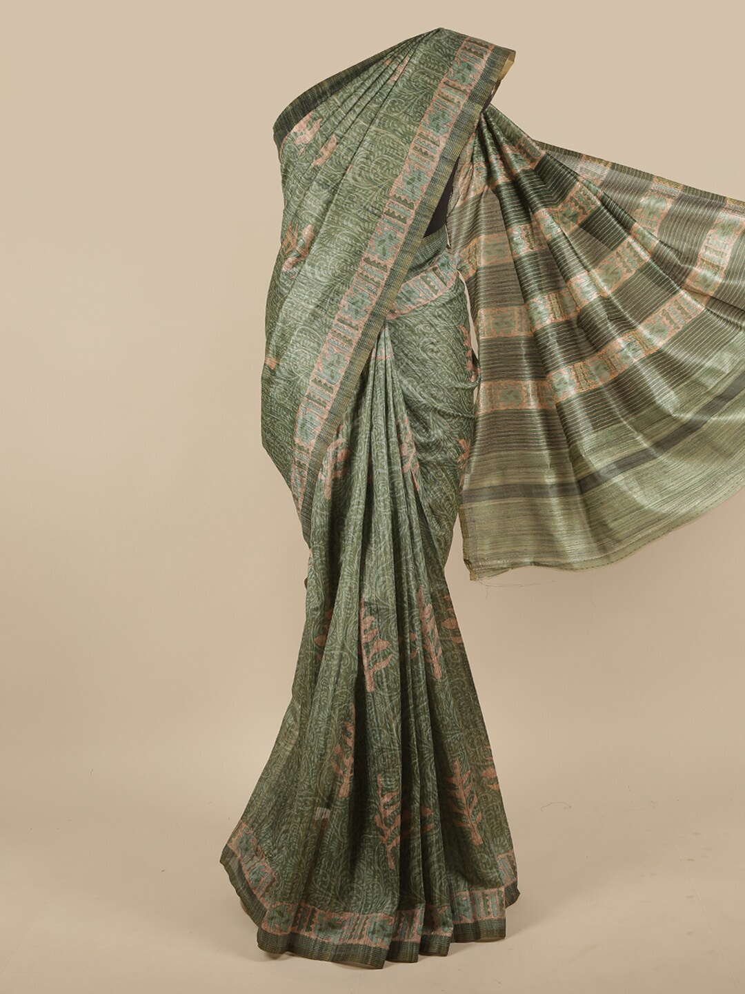 

Pothys Green & Pink Ethnic Motifs Jute Silk Saree
