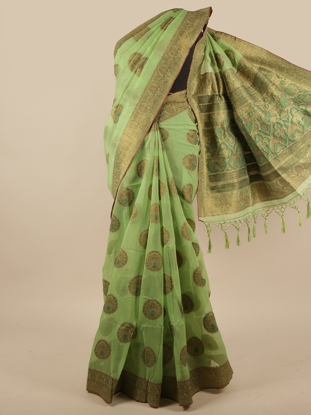 

Pothys Green & Gold-Toned Ethnic Motifs Woven Design Jute Silk Saree