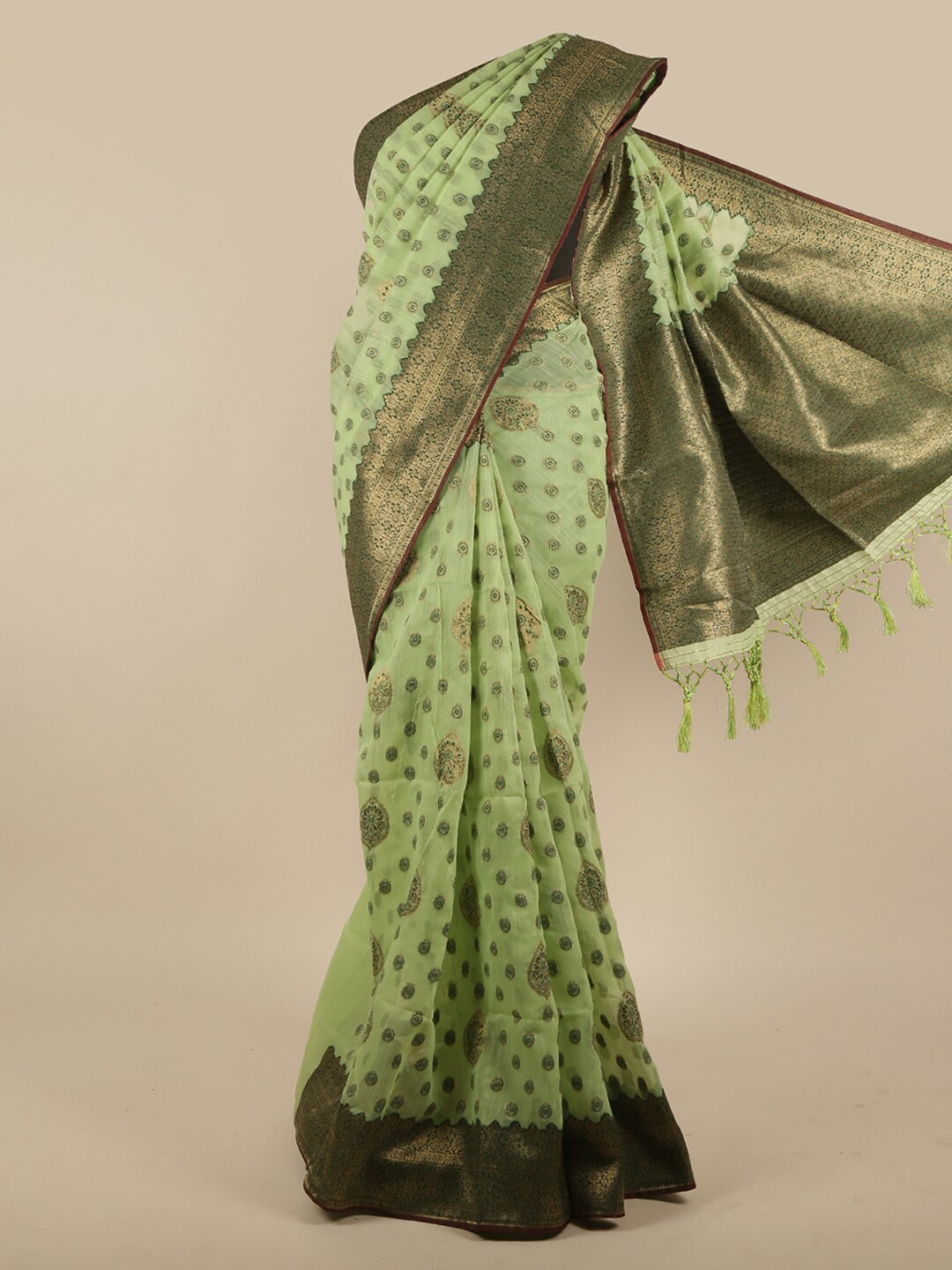 

Pothys Green & Gold-Toned Woven Design Jute Silk Saree