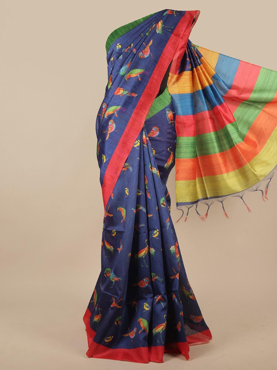 

Pothys Blue & Red Abstract Printed Jute Silk Saree