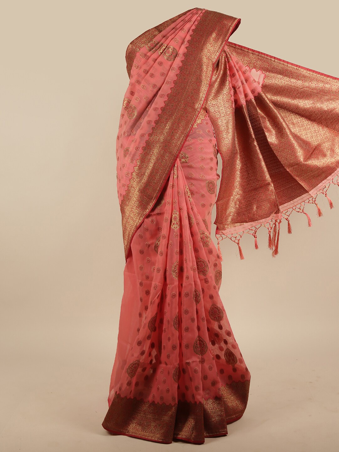 

Pothys Pink & Gold-Toned Ethnic Motifs Zari Jute Silk Saree