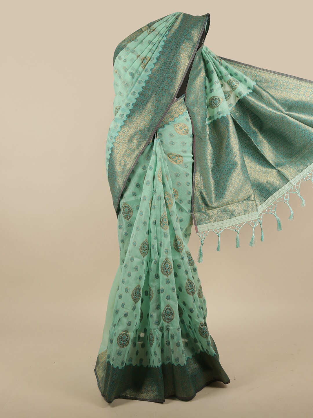

Pothys Green & Gold-Toned Ethnic Motifs Zari Jute Silk Saree