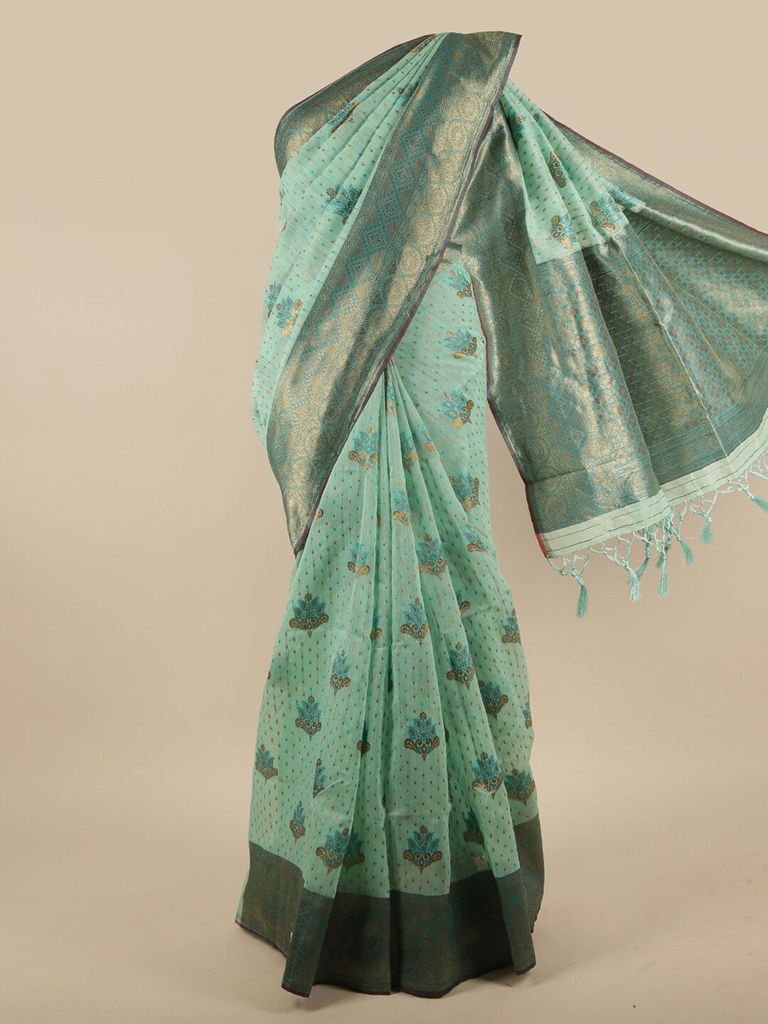 

Pothys Green & Gold-Toned Ethnic Motifs Zari Jute Silk Saree