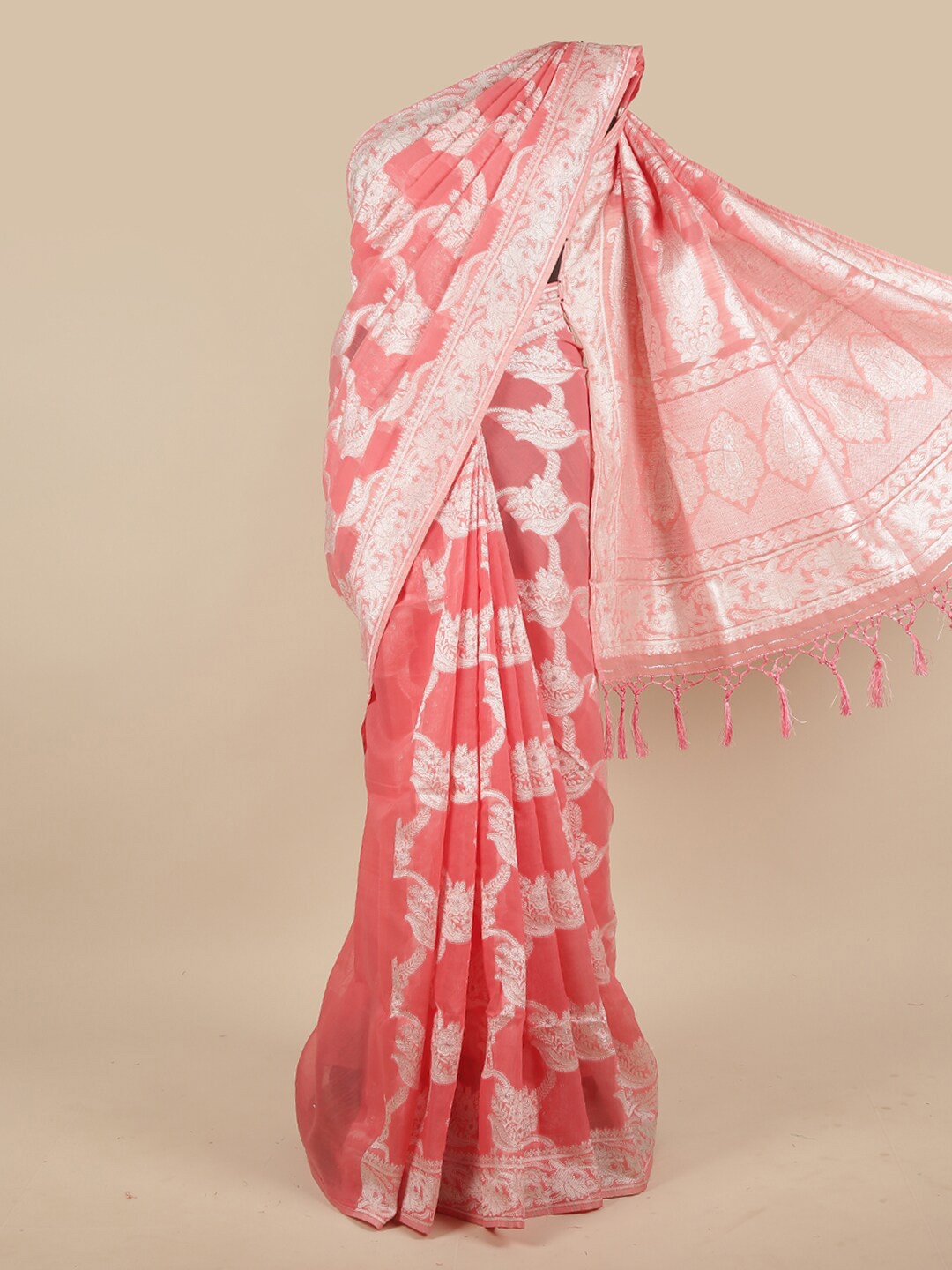 

Pothys Pink & Silver-Toned Ethnic Motifs Zari Jute Silk Saree