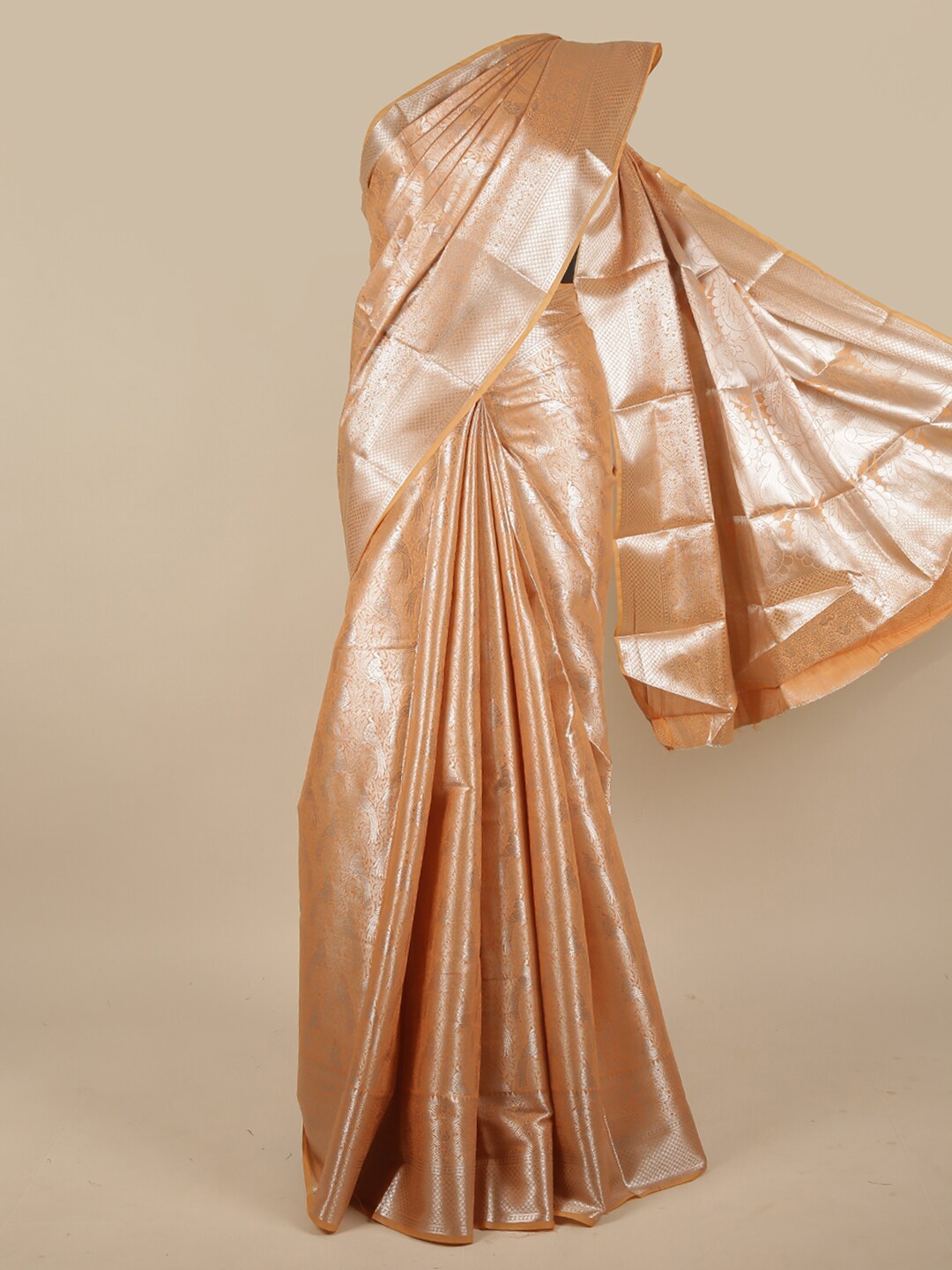 

Pothys Orange & Silver-Toned Woven Design Zari Jute Silk Saree