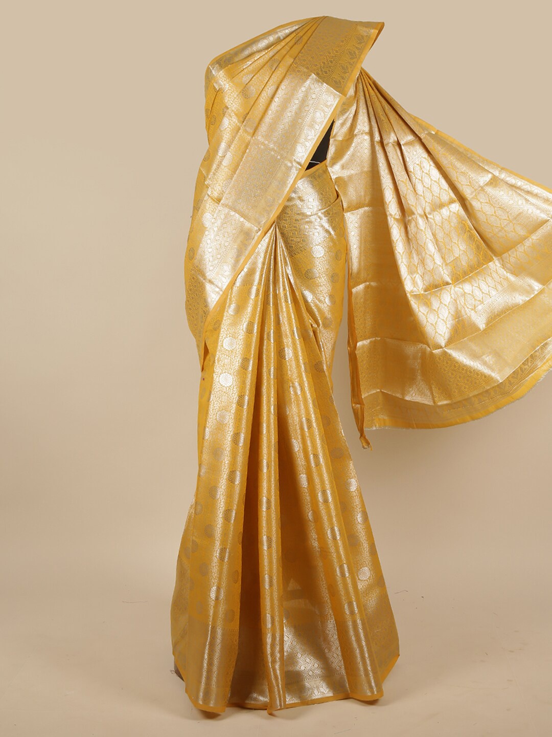 

Pothys Mustard & Silver-Toned Ethnic Motifs Zari Jute Silk Saree