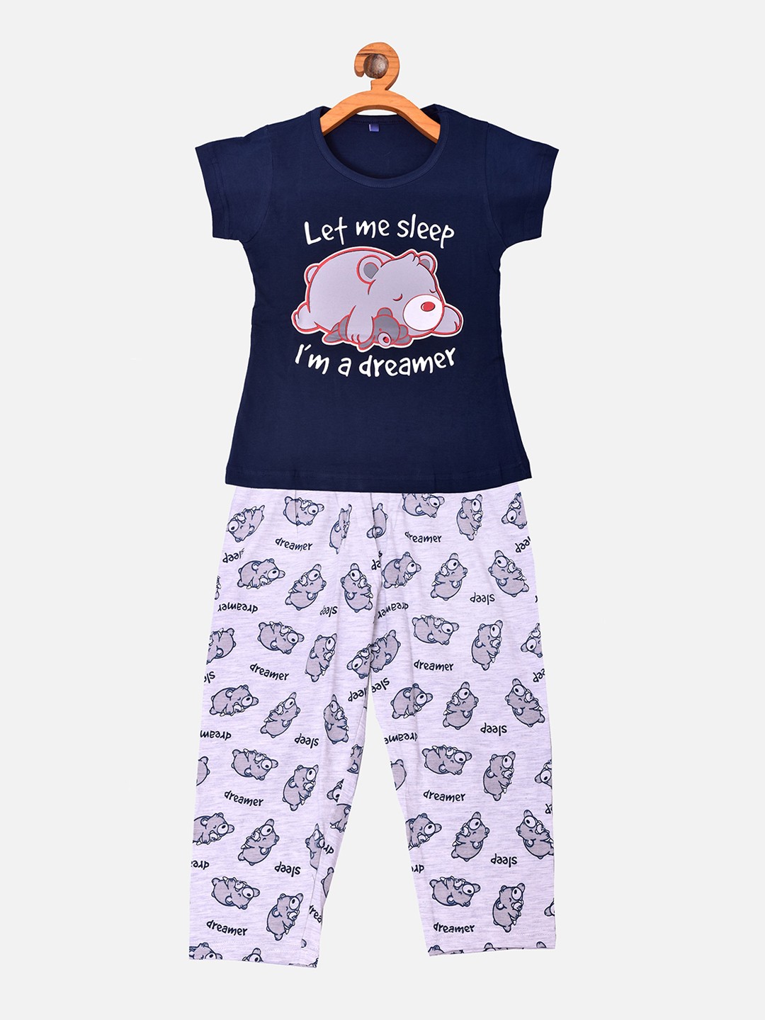 

BORN WEAR Girls Navy Blue Printed Pure Cotton Night Suit