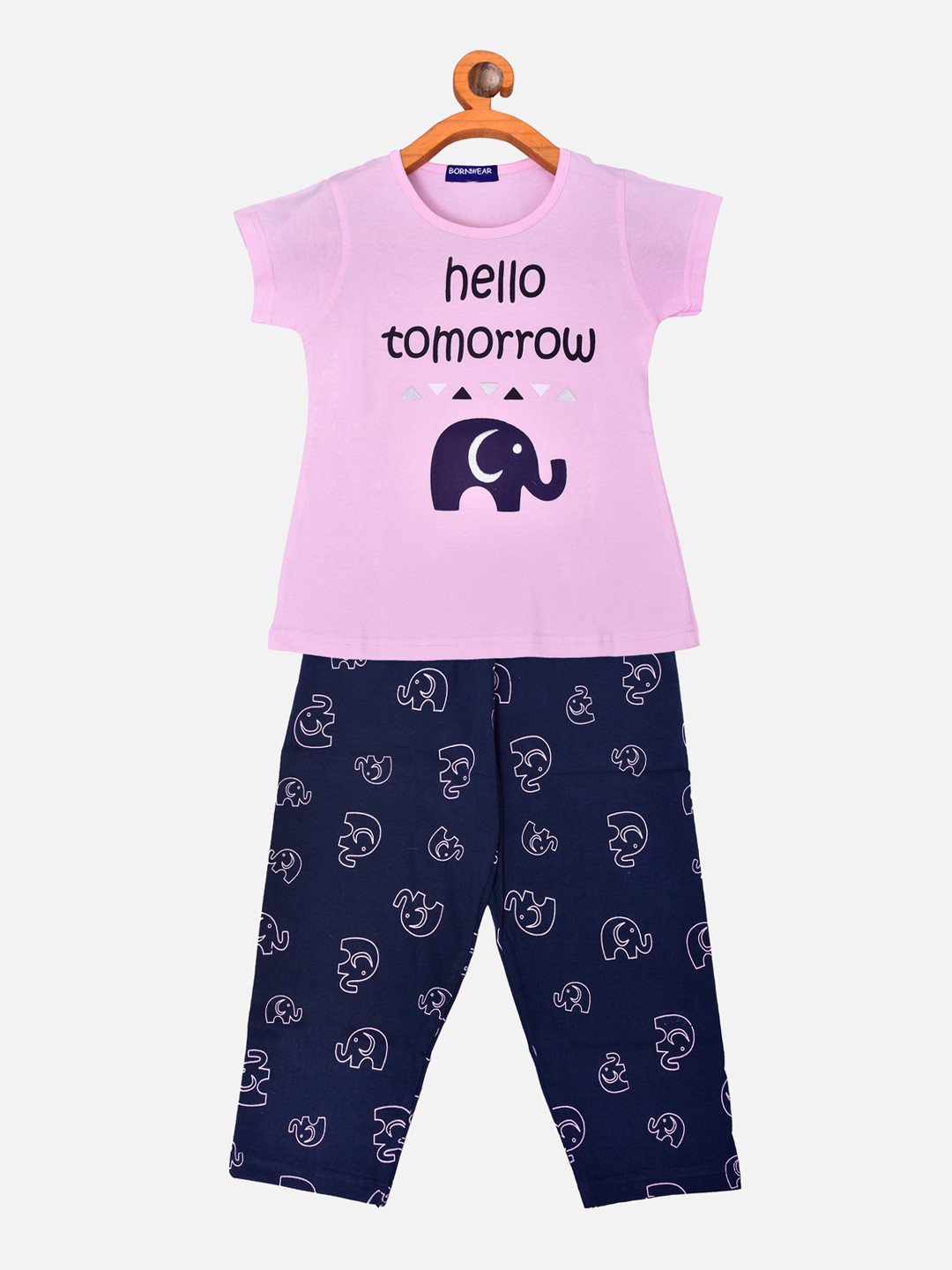 

BORN WEAR Girls Pink & Navy Blue Printed Pure Cotton Night Suit