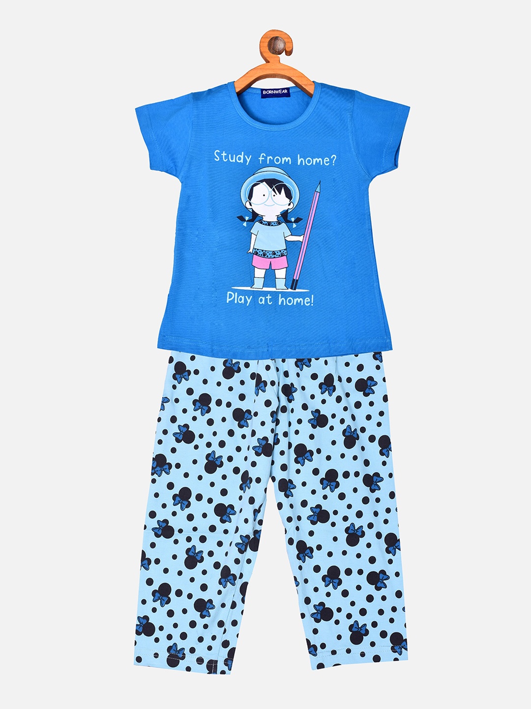 

BORN WEAR Girls Blue & White Pure Cotton Printed Night Suit