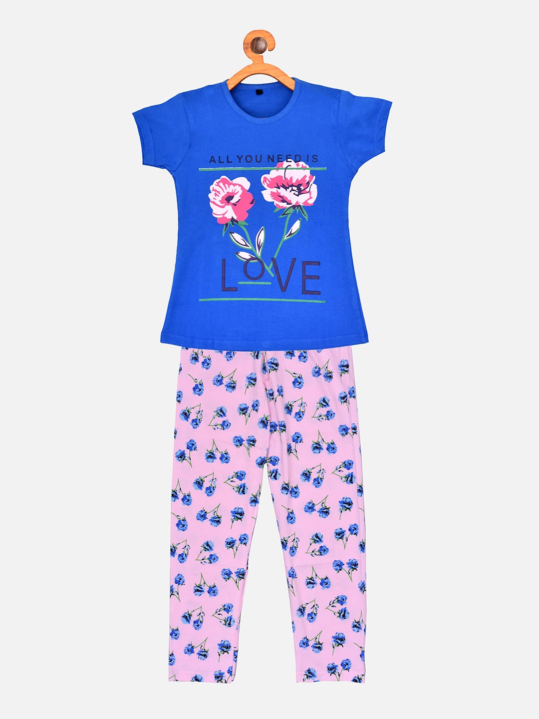 

BORN WEAR Girls Blue & Pink Printed Pure Cotton Night Suit