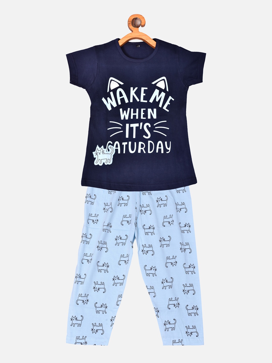 

BORN WEAR Girls Navy Blue & Blue Printed Pure Cotton Night Suit