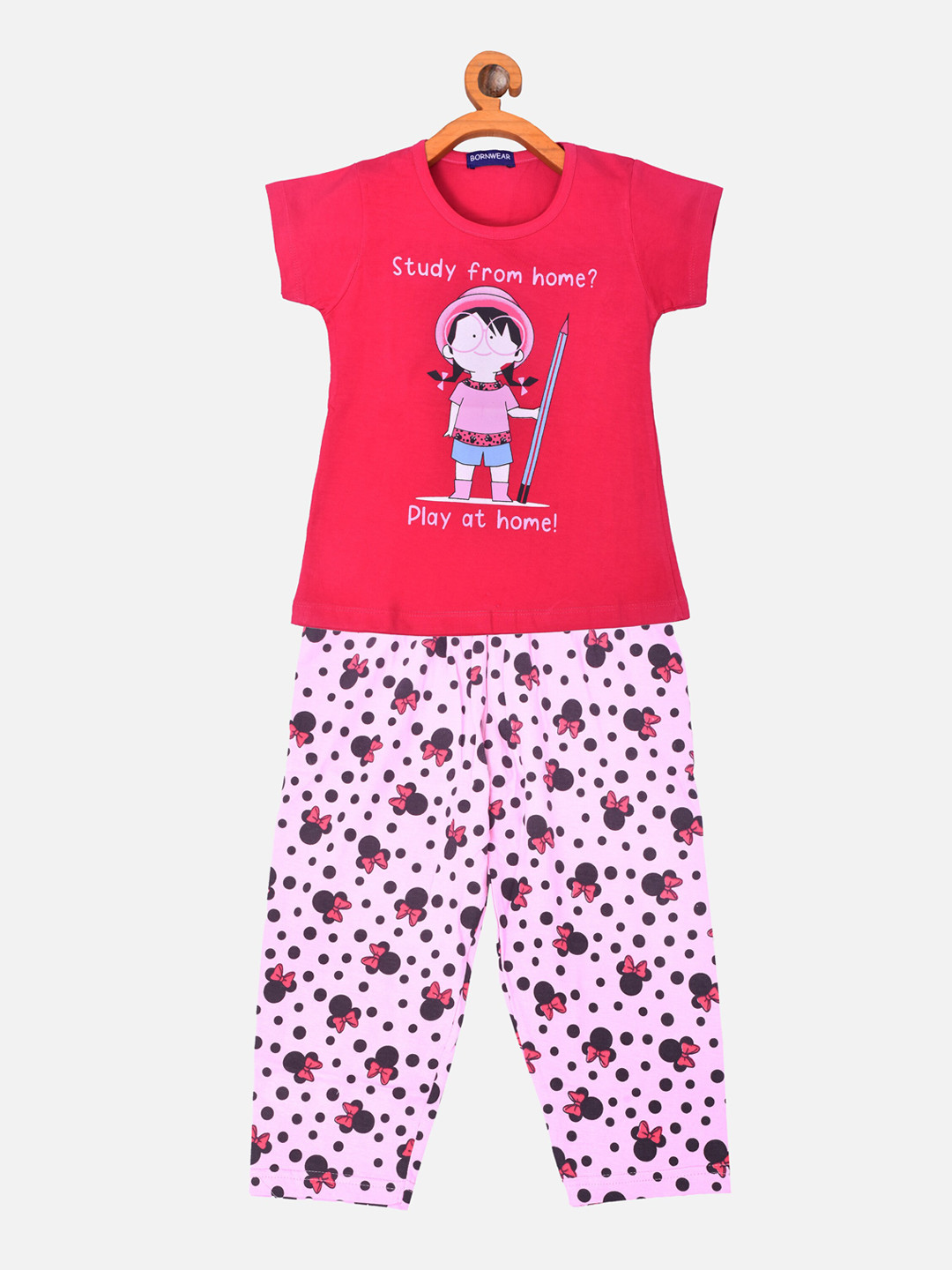 

BORN WEAR Girls Red & Magenta Printed Pure Cotton Night suit
