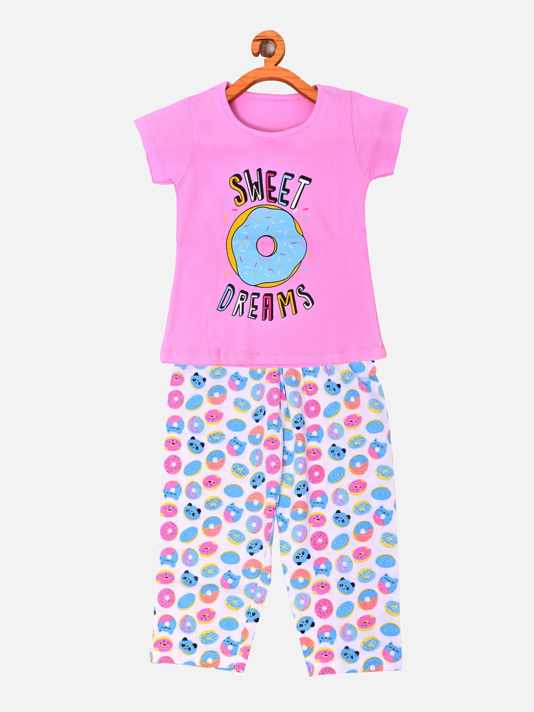 

BORN WEAR Girls Pink & White Printed Pure Cotton Night Suit