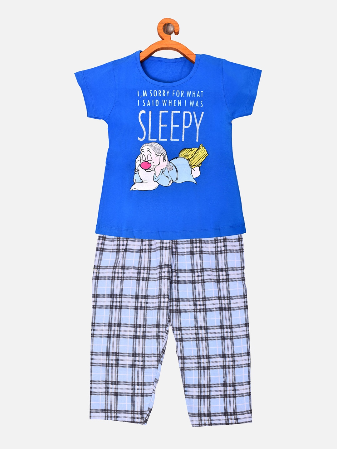 

BORN WEAR Girls Blue & White Pure Cotton Printed Night suit