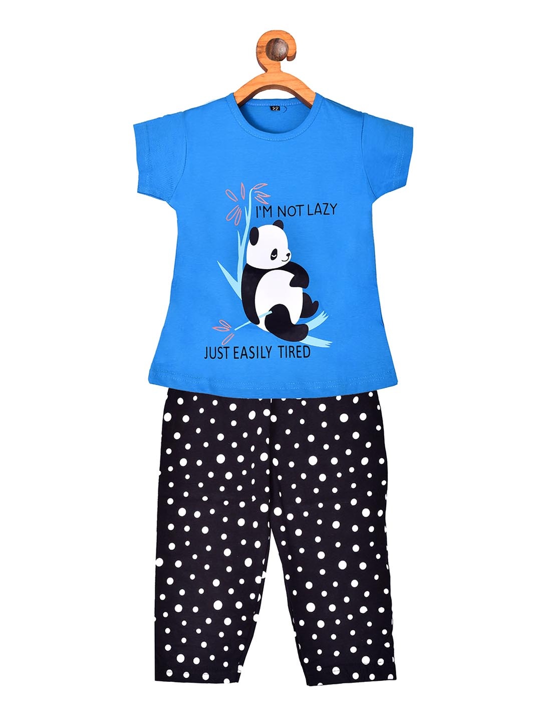 

BORN WEAR Girls Blue & Black Printed Pure Cotton Night Suit